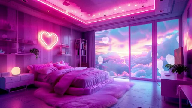 vtuber, lo-fi, bedroom, neon lights, cozy ambiance, digital art, streamer background, animated room, aesthetic, heart-shaped, pink room, virtual background, streaming, chill vibes, aesthetic bedroom, 