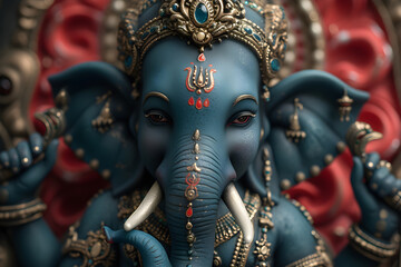 Fototapeta premium Closeup of Ganesha statue. Lord Ganesha, Ganesh Chaturthi, Ugadi or Gudi Padwa celebration. Hindu religion and ethnic concept. Festival composition for banner, greeting card, poster with copy space