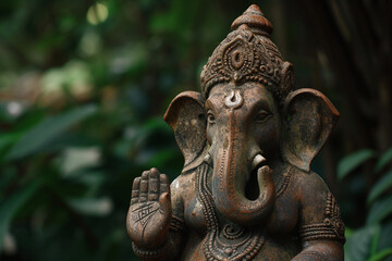 Closeup of Ganesha statue. Lord Ganesha, Ganesh Chaturthi, Ugadi or Gudi Padwa celebration. Hindu religion and ethnic concept. Festival composition for banner, greeting card, poster with copy space