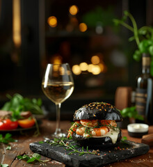 Seafood fish shrimps black buns hamburger with wine on wooden table
