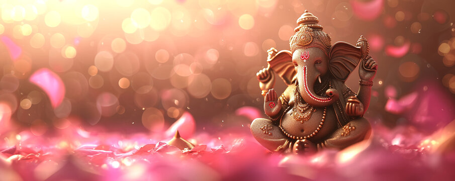 Ganesha statue on bokeh background with copy space. Lord Ganesha, Ganesh Chaturthi, Ugadi or Gudi Padwa celebration. Hindu religion and ethnic concept. Festival composition for banner, greeting card