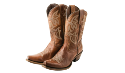 Traditional brown leather cowboy boots with stitched detailing, cut out - stock png.