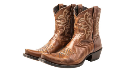 Traditional brown leather cowboy boots with stitched detailing, cut out - stock png.