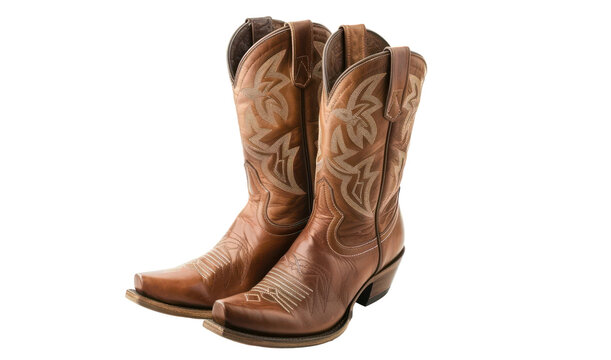 Traditional brown leather cowboy boots with stitched detailing, cut out - stock png.