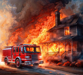 fire truck in front of fire - House burned down - obrazy, fototapety, plakaty