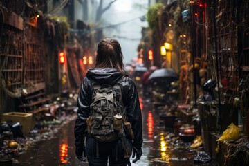 A woman with a backpack walks along a rainy, narrow street in the city