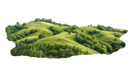 Serene green rolling hills in a peaceful countryside landscape, cut out - stock png.