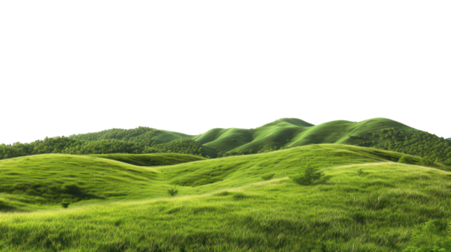 Serene green rolling hills in a peaceful countryside landscape, cut out - stock png.