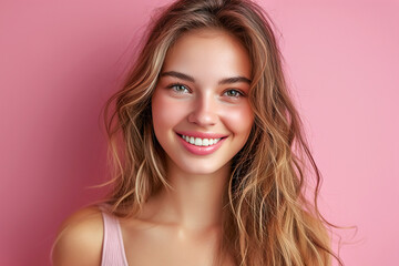Portrait of a young beautiful smiling woman on a pink background.