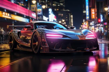 Fotobehang Futuristic vehicle with purple automotive lighting cruising city street at night © JackDong