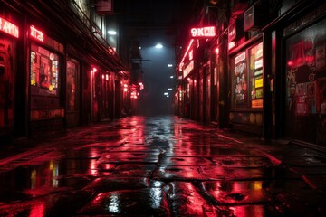 A city alleyway at midnight with magenta automotive lighting on buildings