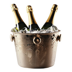 Elegant champagne bottles chilled in ice bucket for celebration, cut out - stock png.