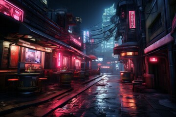 a narrow alleyway in a futuristic city at night with neon lights