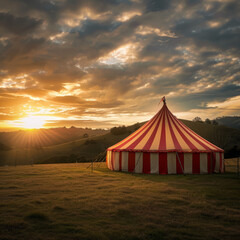 A whimsical circus tent set against a backdrop of rolling hills and a setting sun 