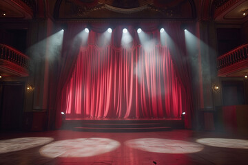 Theater stage with red curtains and spotlights. Theatrical scene in the light background