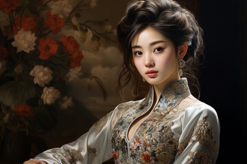 A striking portrait of a Chinese woman in a qipao, with delicate silk embroidery and intricate hair ornaments, embodying grace and elegance.