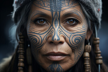 A soulful portrait of a Maori woman adorned in traditional tattoos, or moko, symbolizing her connection to her ancestors and cultural heritage.