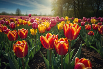 Colorful tulip flowers bloom in the spring  garden. Nature background. Generative AI - obrazy, fototapety, plakaty