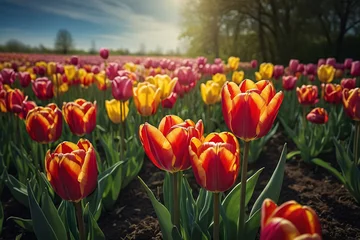 Fotobehang Colorful tulip flowers bloom in the spring  garden. Nature background. Generative AI © igor.nazlo