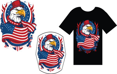 T-shirt design featuring an eagle wearing a hat and holding an American flag, American flag with a skull