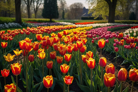 Colorful tulip flowers bloom in the spring  garden. Nature background. Generative AI