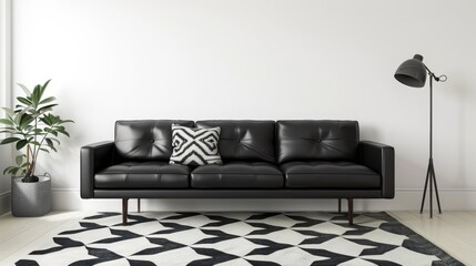 Modern Minimalistic Living Room with Black Leather Sofa AI Generated.