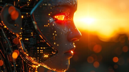 夕陽とアンドロイド女性,Generative AI AI画像