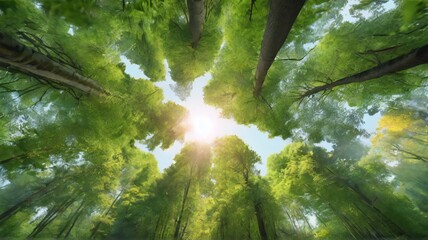 landscape view of the sun shining on the tops of green trees. photo taken from below. background for poster, banner, web, social media. ai generative design