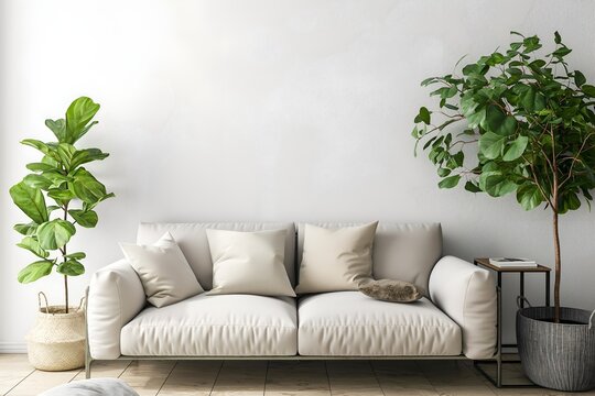Fototapeta Interior Living Room, Empty Wall Mockup In White Room With White Sofa And Green Plants, 3d Render Real Room Template