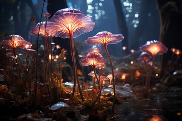 Terrestrial plants called mushrooms glowing electric blue in the dark forest