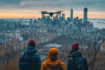 Grupo de amigos volando un dron en medio de la ciudad - obrazy, fototapety, plakaty