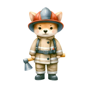 Cute watercolor animal character wearing firefighter uniform clipart of dog
