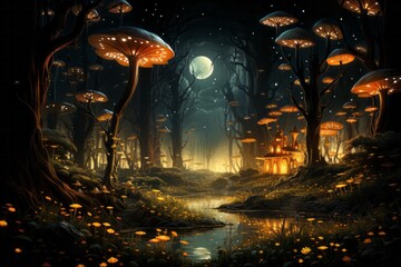 a painting of a forest with mushrooms and a full moon