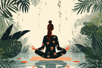 Ilustración de espacios al aire libre con rincones de meditación que incorporan elementos naturales y fluidos 