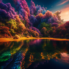 A colorful landscape with a vibrant rainbow explosion and a lake.