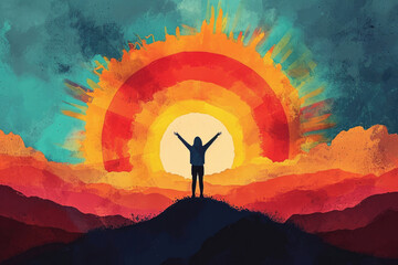 Ilustración de un amanecer lleno de colores cálidos y una figura humana saludando al nuevo día, simbolizando oportunidades y positividad


