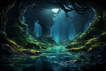there is a river in the middle of the forest - obrazy, fototapety, plakaty