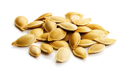 Pumpkin seeds pile on white background. Healthy food, healthy lifestyle