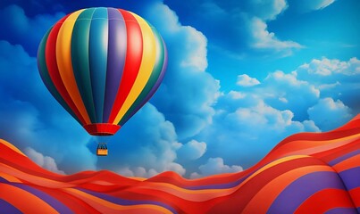 close up realistic photo a fun colorful illustration of a hot air balloon flying over a striped backdrop
