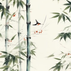 Chinese Ink Painting of Three Bamboo Stalks in Soft Colors