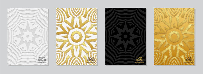Set of artistic covers, vertical templates. A collection of relief, geometric backgrounds with ethnic 3D patterns. Unique creativity of the East, Asia, India, Mexico, Aztec, Peru in handmade style.