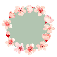 Watercolor hand drawn pink sakura flower round pastel green frame isolated on white