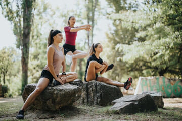 Active females stretching and warming up in a city park. Enjoying outdoor sports and training...