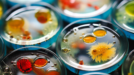 ペトリ皿に培養したカラフルな細菌のコロニーイメージ - obrazy, fototapety, plakaty