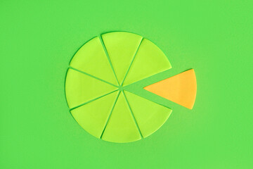 Composition with segments of paper circle on green background. Concept of uniqueness