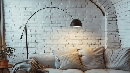 Stylish Living Room with White Brick Wall AI Generated.
