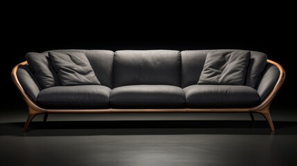 Fototapeta premium Black Couch With Wooden Frame and Pillows