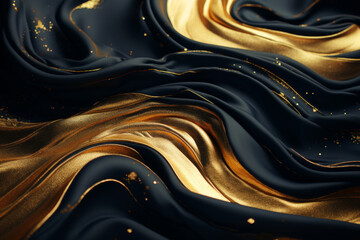 Gold and black silky liquid voluminous texture with complex abstract wave curves