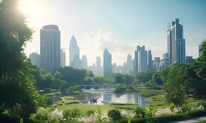 realistic Beautiful landscape of cityscape with city building around park - obrazy, fototapety, plakaty