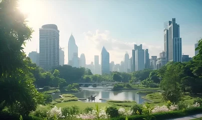 Outdoor kussens realistic Beautiful landscape of cityscape with city building around park © Ilham